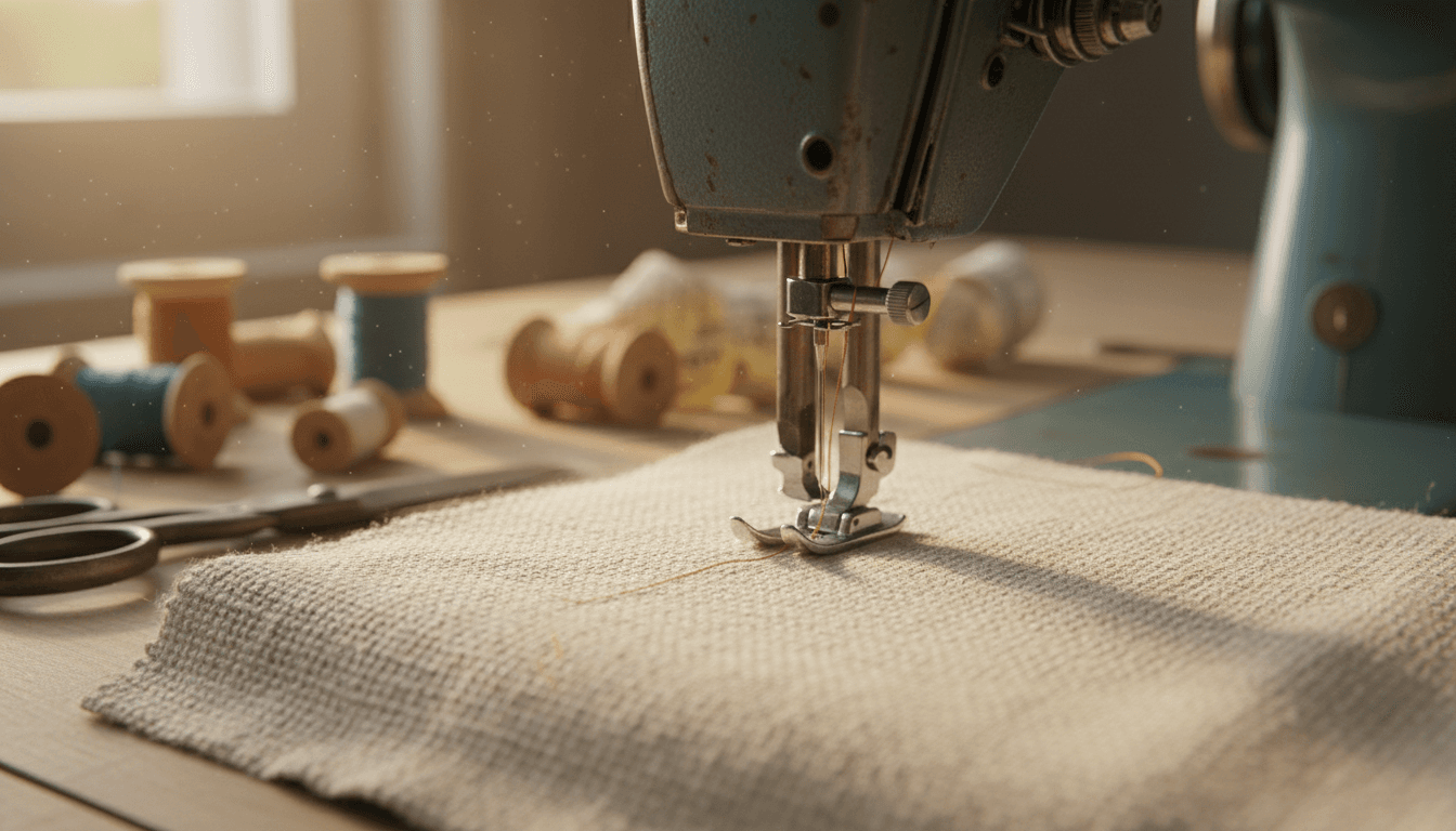Close-up of a sewing machine needle piercing thick cotton fabric with colored thread