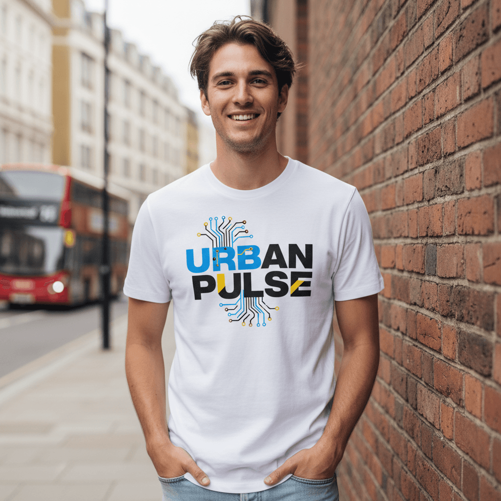 Person wearing custom-printed t-shirt with logo