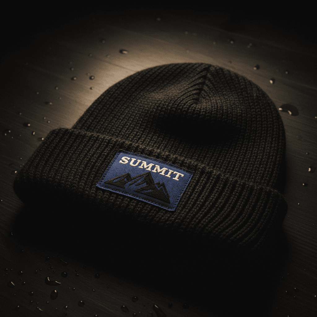 Beanie hat with woven logo patch on brim