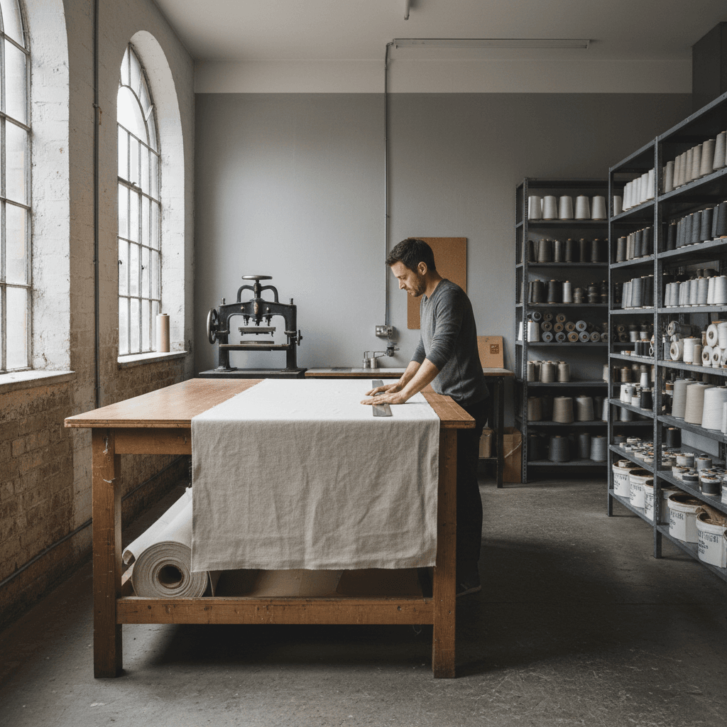 Person preparing fabric on cutting table in workshop