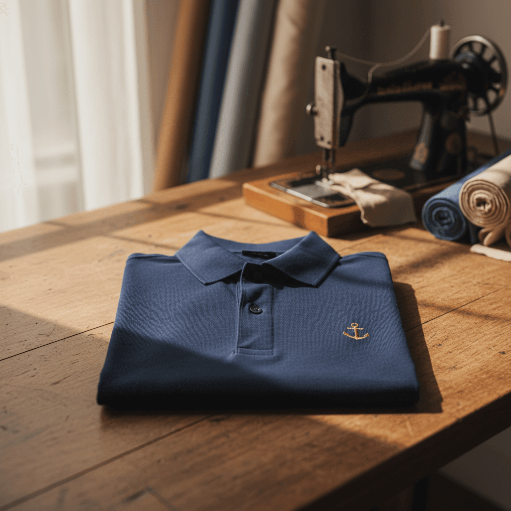 Navy blue polo shirt with embroidered logo on chest