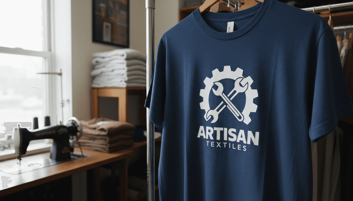 Close-up of a custom printed garment hanging in a small workshop, natural light highlighting the logo detail.