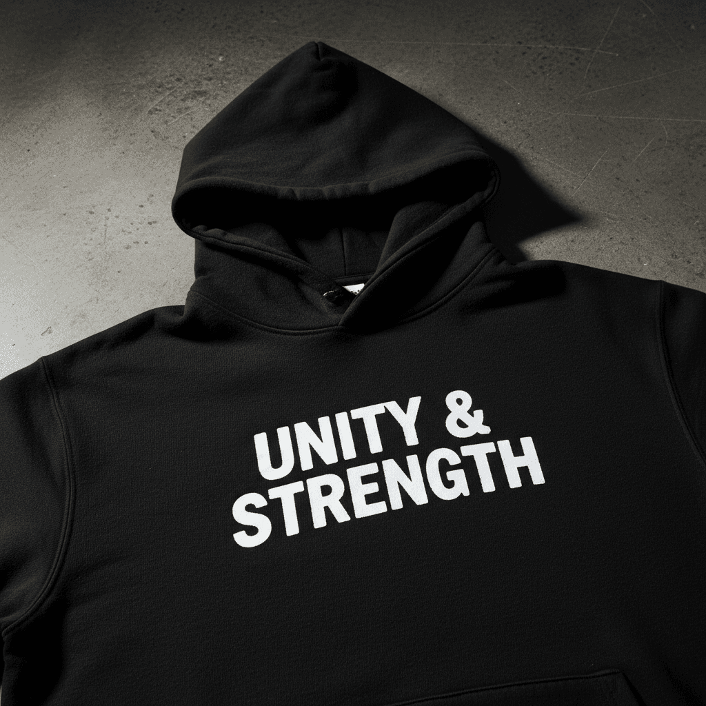 Black hoodie with white printed logo on front