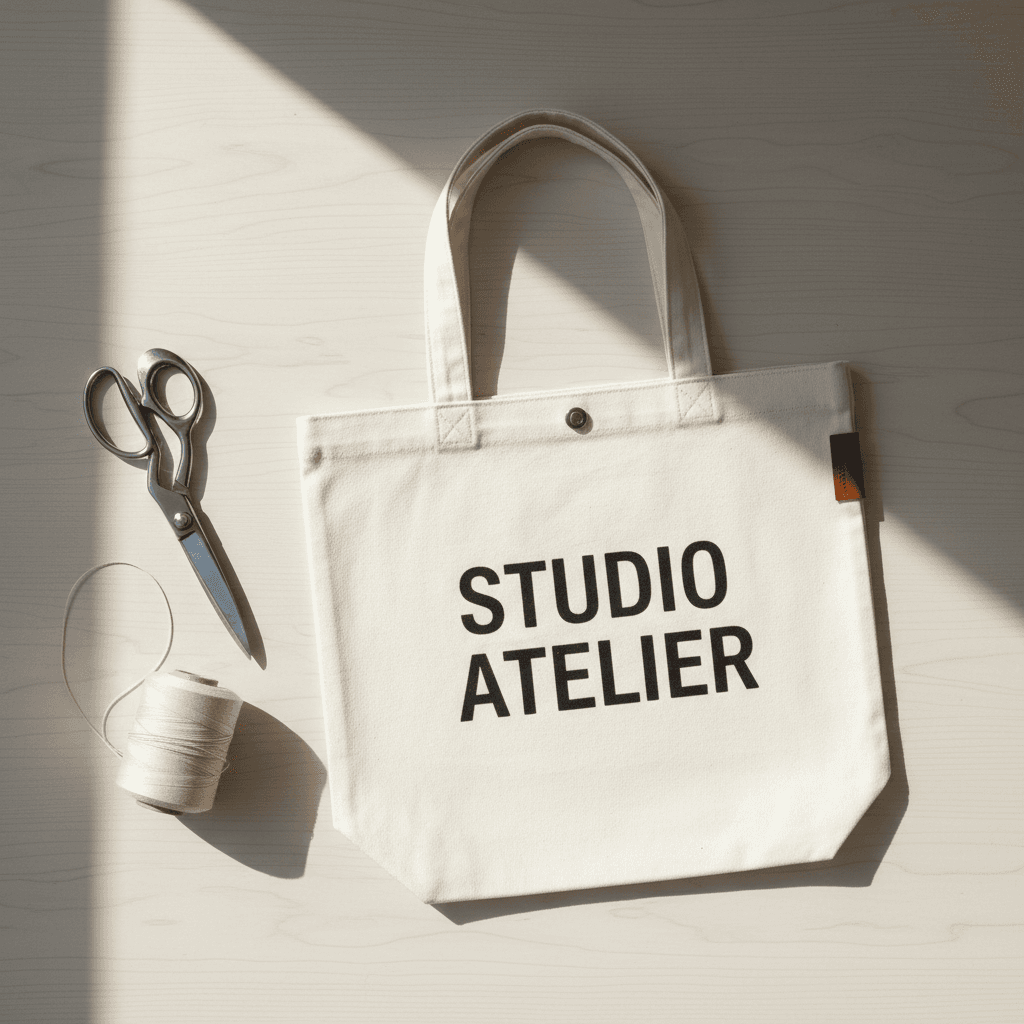White canvas tote bag with printed logo, flat lay