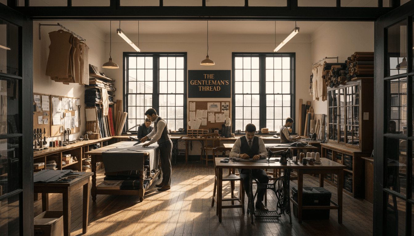 A single sewing machine and fabric in a small London workshop with soft natural light