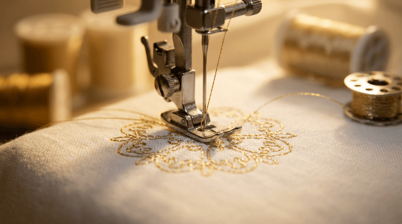 Embroidery needle stitching logo onto fabric