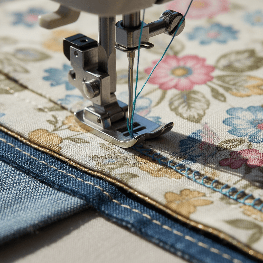 Sewing machine needle stitching a sleeve cuff, thread in motion