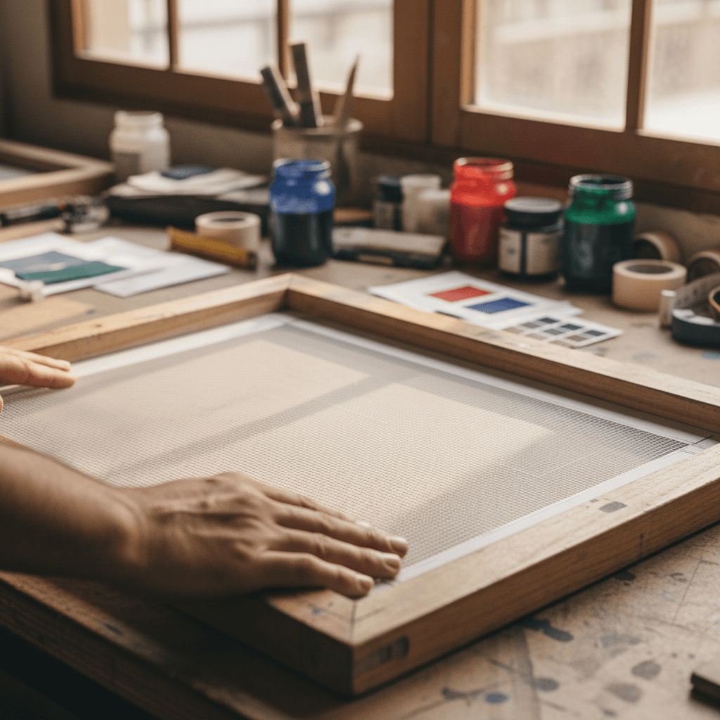 Screen printing a logo onto a cotton t-shirt, one colour pass, manual press