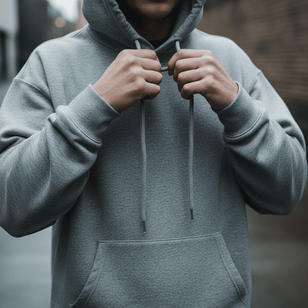 Finished custom hoodie with printed logo held up for inspection, natural light