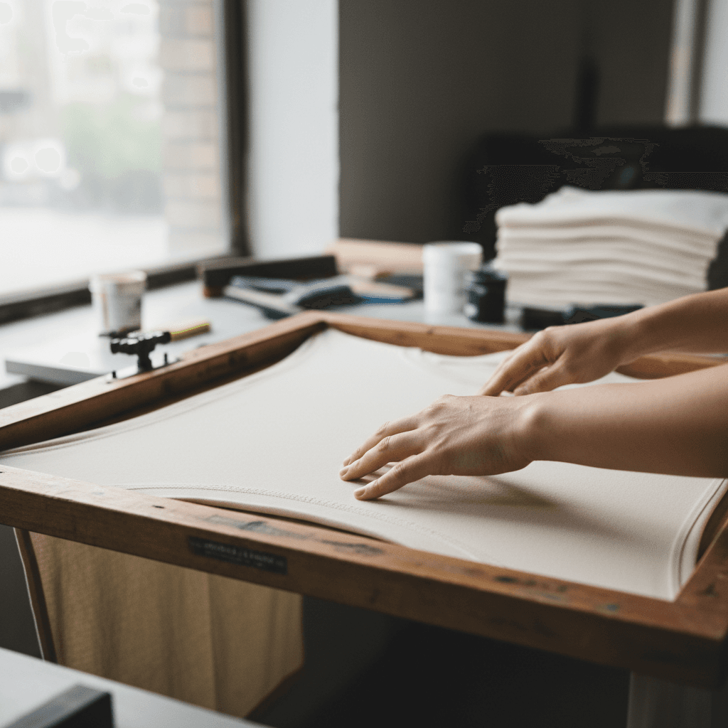 Hands placing a custom-printed T-shirt on a worktable in a small London workshop