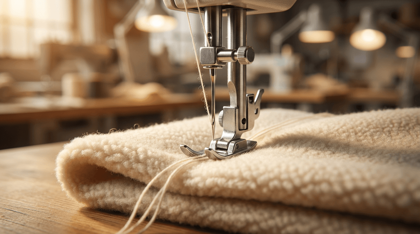 Close-up of a sewing machine needle piercing a custom-printed fabric roll in a London workshop.